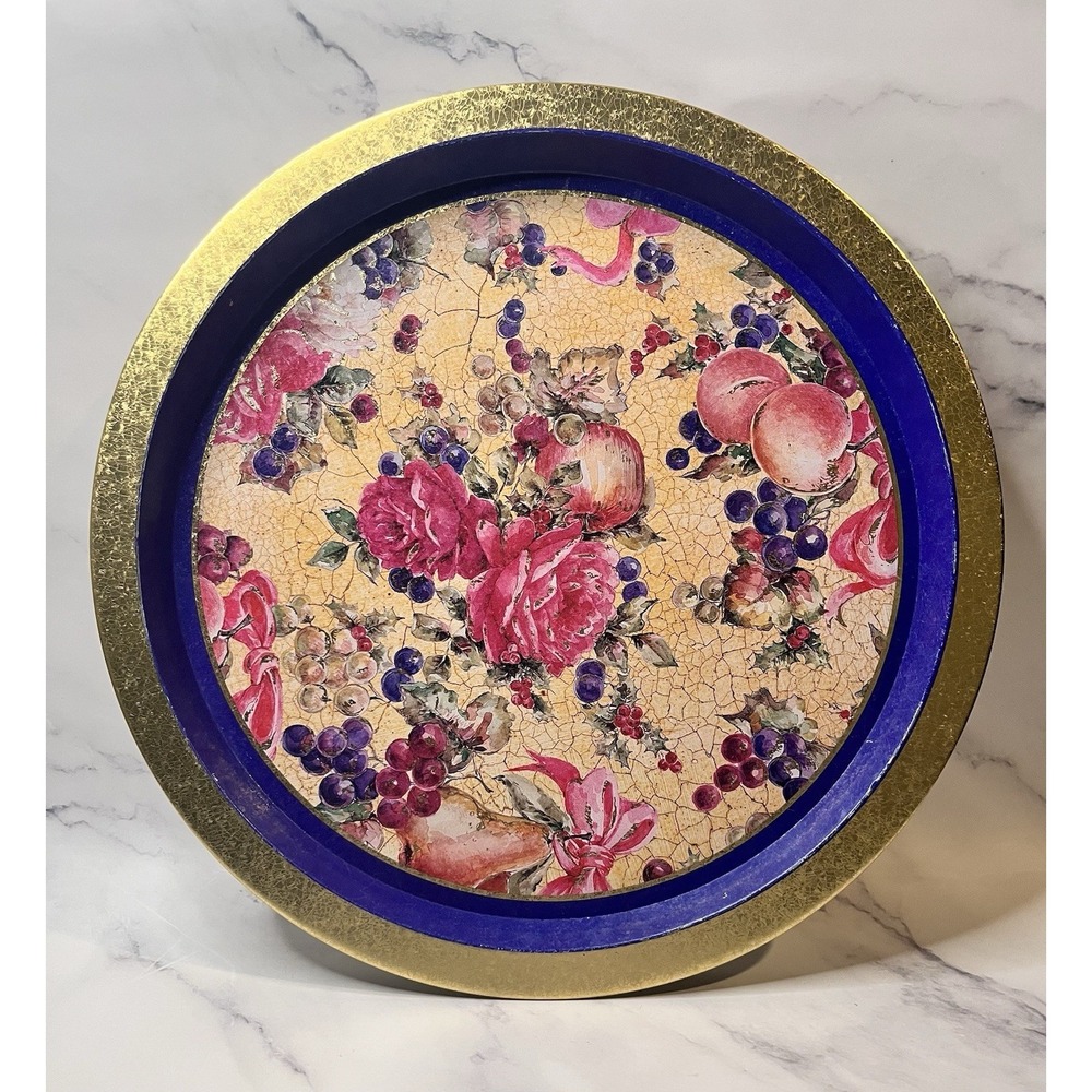 Vintage Pictura Floral Round Art Tray with Gold and Blue Accents 13"